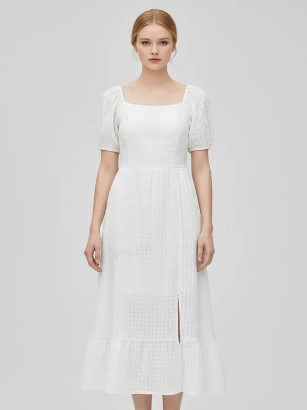 Women's White Textured Square-Neck Puff-Sleeve Midi Dress - Custom Romantic Elegant Design