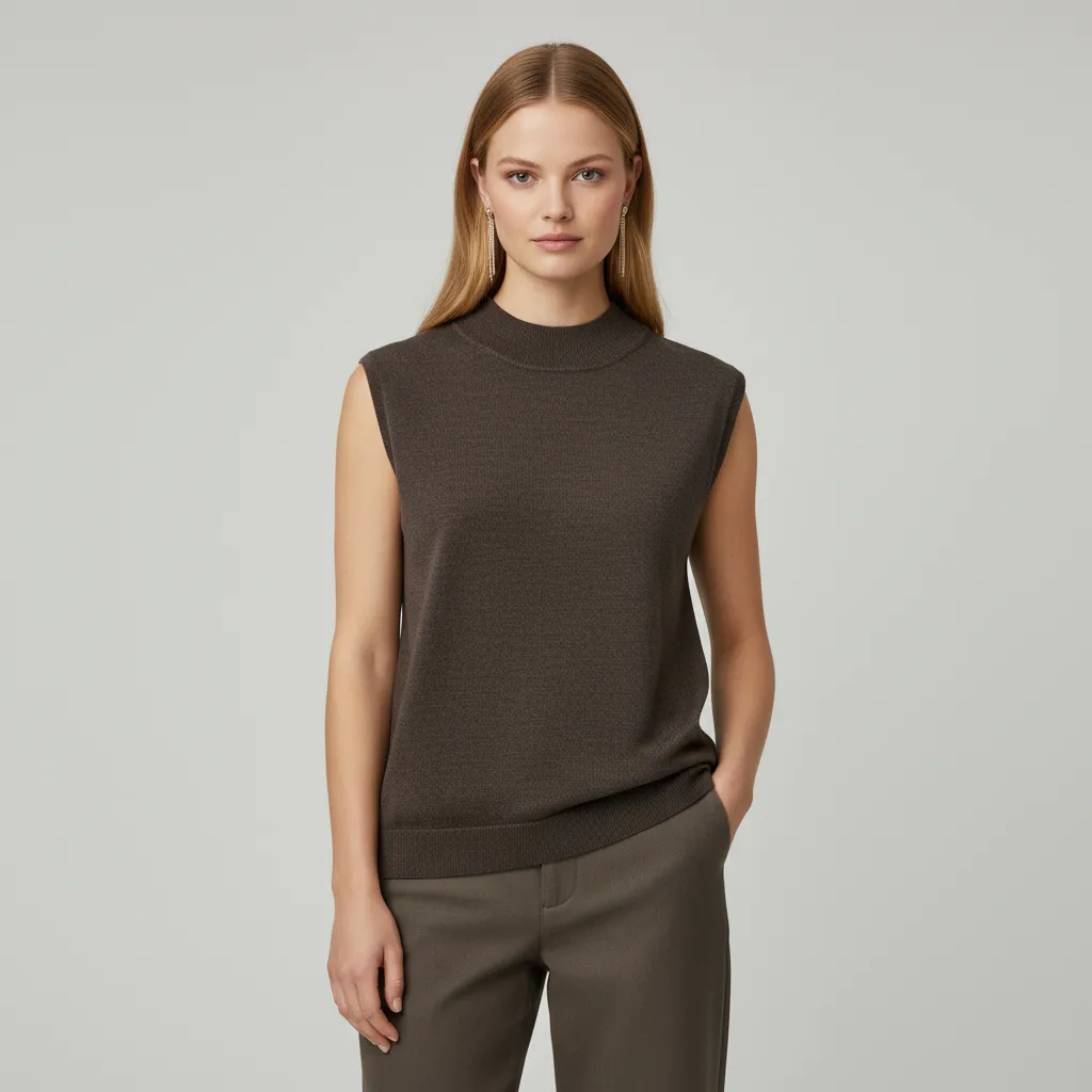 Women's Taupe Mock Neck Sleeveless Knit Vest - Custom Refined Layered Design