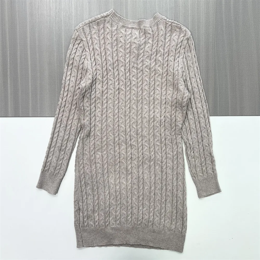 Women's Beige Cable-Knit Crew-Neck Midi Dress - Custom Cozy Classic Design