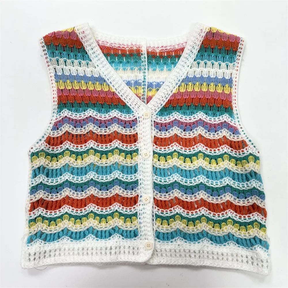 Women's Rainbow Chevron Crochet Sleeveless Vest - Custom Bohemian Openwork Design