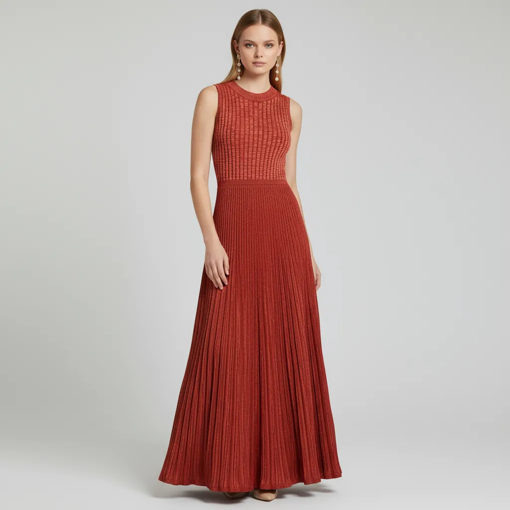 Women's Terracotta Sleeveless Ribbed Maxi Dress - Custom Elegant Flared Design
