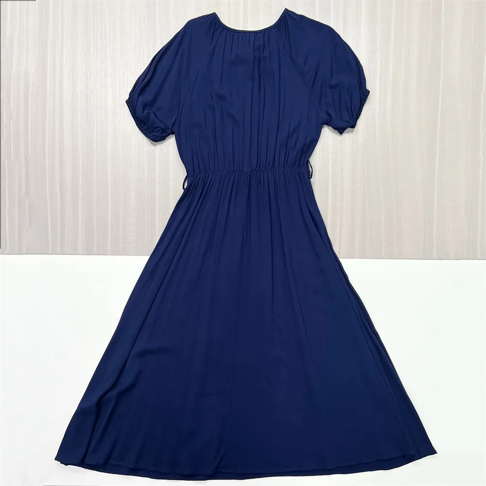 Women's Navy Smocked-Waist Puff-Sleeve Maxi Dress - Custom Elegant Versatile Design
