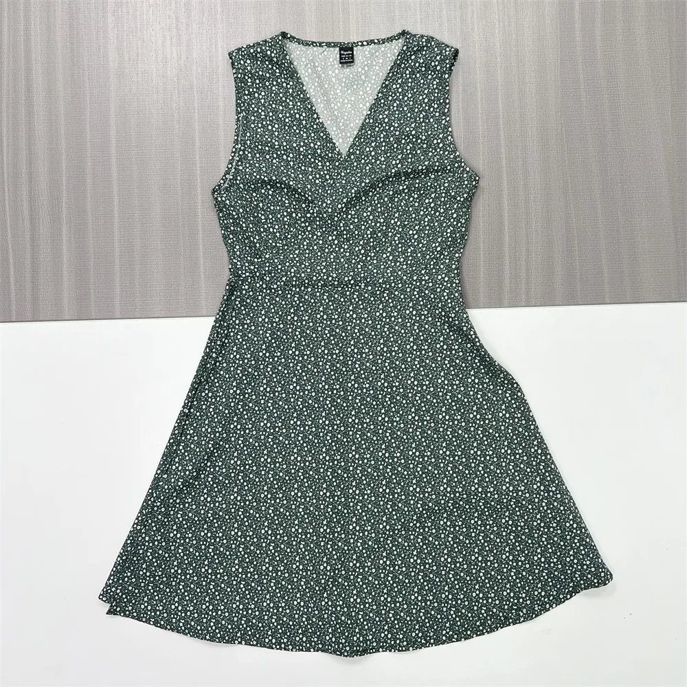 Women's Forest Green Ditsy-Print Sleeveless V-Neck Mini Dress - Custom Feminine Casual Design