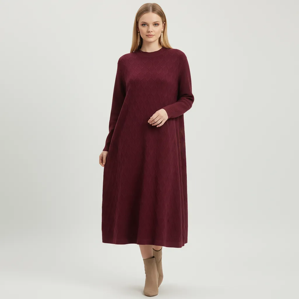 Women's Burgundy Diamond-Knit Oversized Maxi Dress - Custom Cozy Textured Design