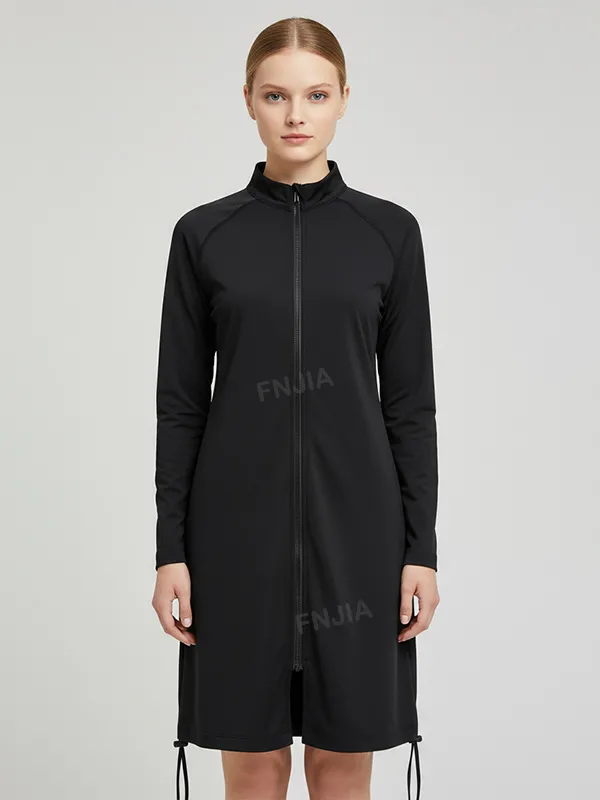 Women's Black Full-Zip Drawstring-Hem Midi Dress - Custom Modern Versatile Design