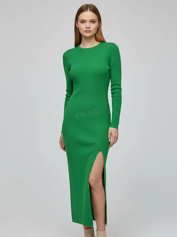 Women's Emerald Green Ribbed Bodycon Maxi Dress - Custom Sleek Modern Design