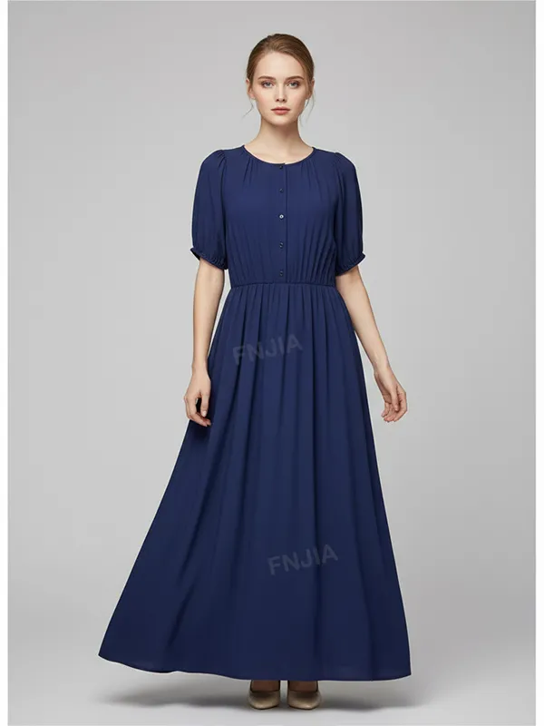 Women's Navy Smocked-Waist Puff-Sleeve Maxi Dress - Custom Elegant Versatile Design