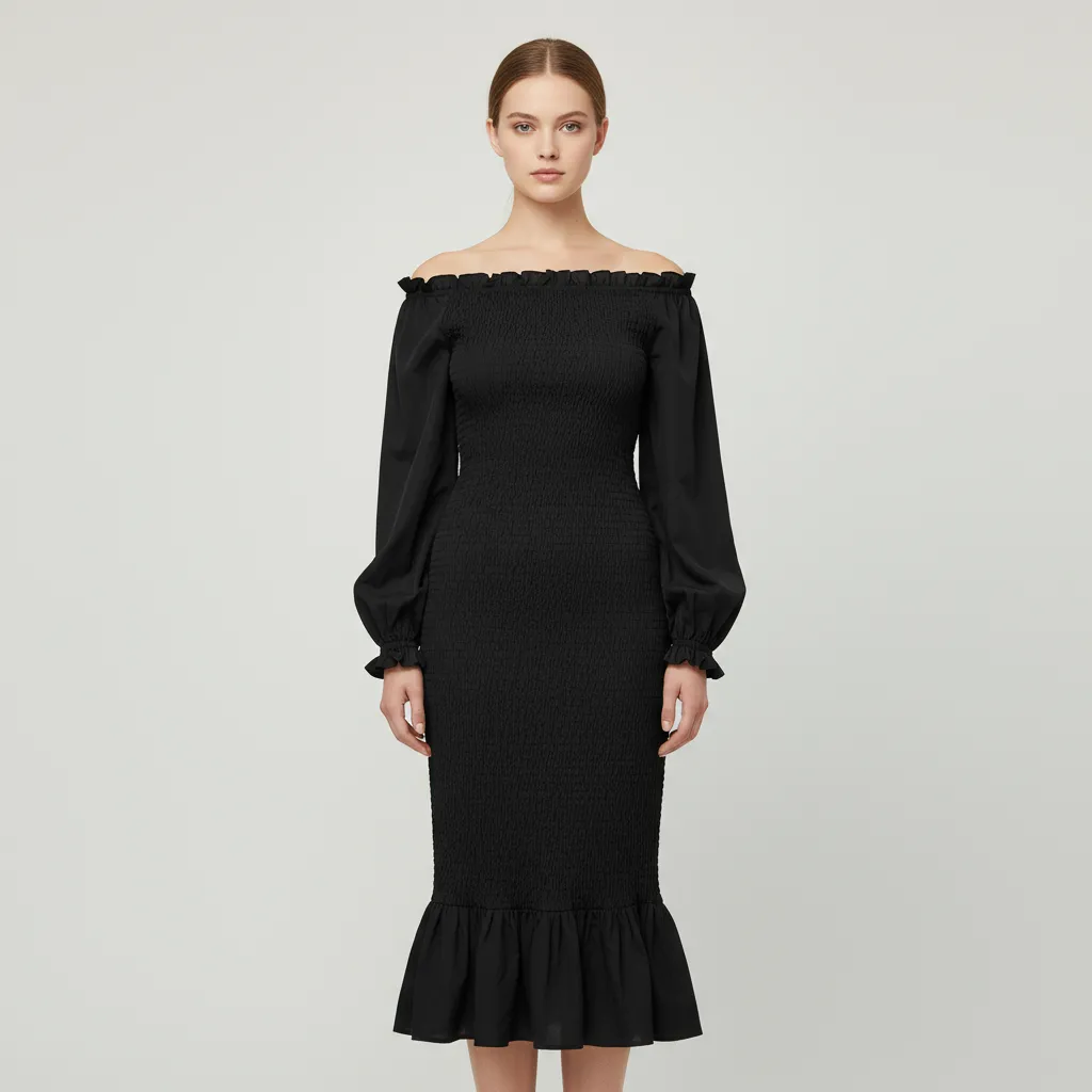 Women's Black Smocked Off-Shoulder Puff-Sleeve Mermaid Midi Dress - Custom Elegant Formal Design