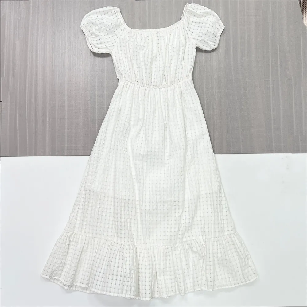 Women's White Textured Square-Neck Puff-Sleeve Midi Dress - Custom Romantic Elegant Design