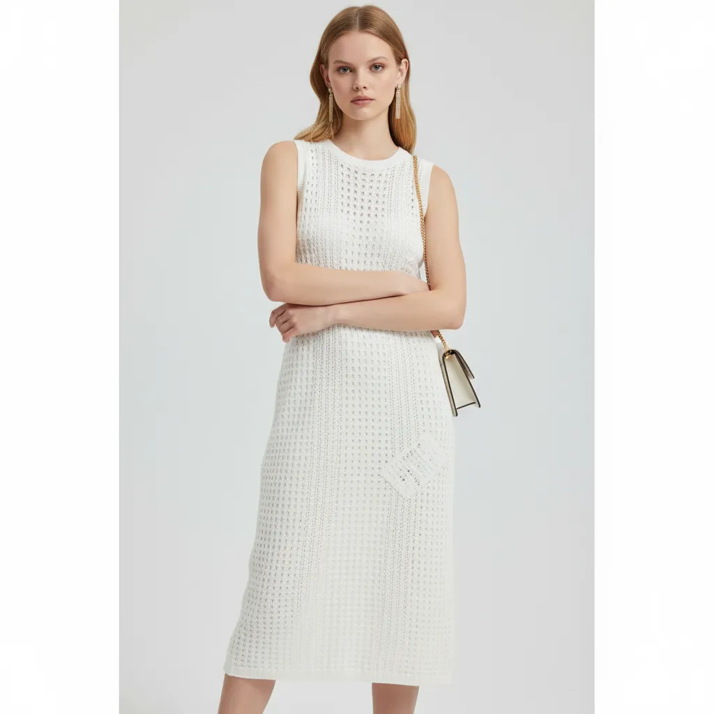 Women's White Openwork Knit Sleeveless Midi Dress - Custom Minimalist Elegant Design