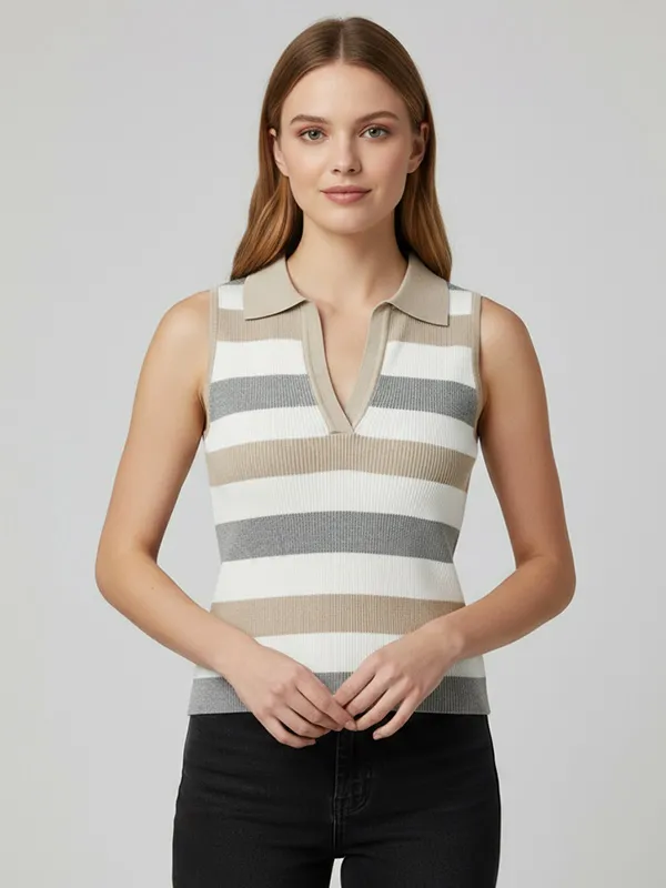 Women's Neutral Striped Polo-Collar Sleeveless Knit Top - Custom Slim-Fit Design
