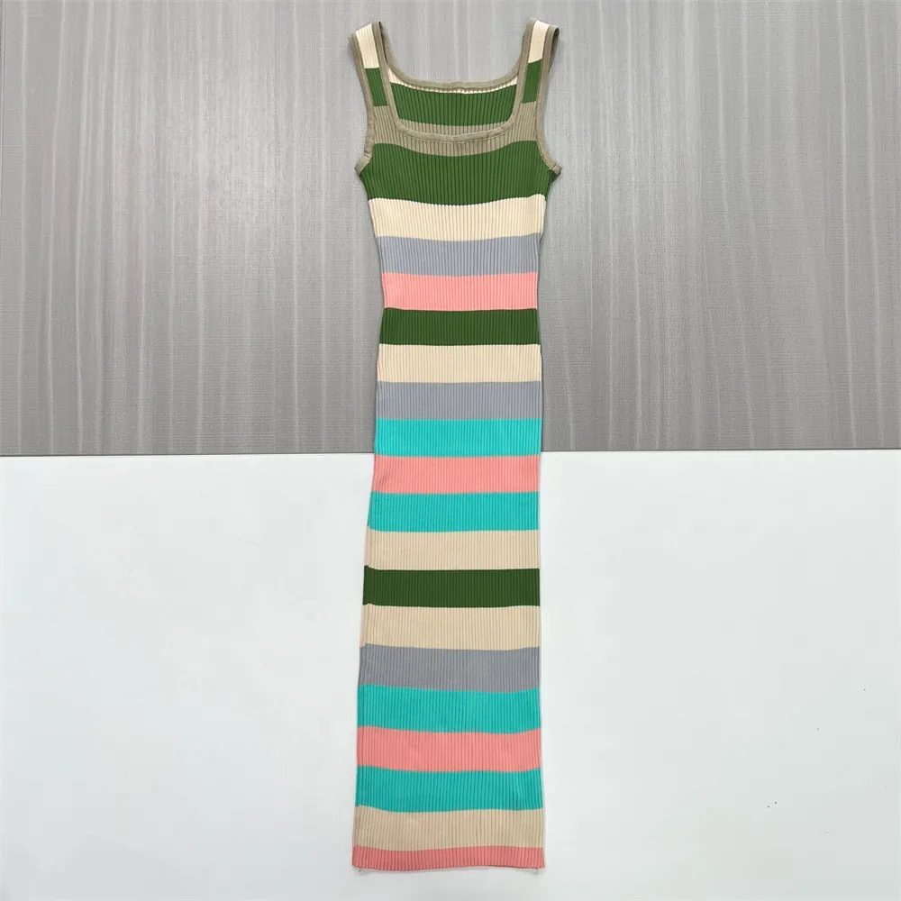 Women's Multi-Color Striped Ribbed Sleeveless Maxi Dress - Custom Vibrant Slim-Fit Design