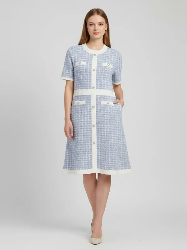 Women's Light Blue Tweed Check Button-Front Midi Dress - Custom Classic Elegant Design