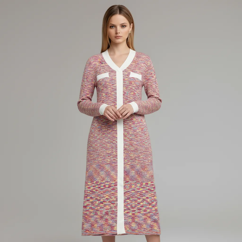 Women's Multicolor Tweed-Knit Contrast-Trim Midi Dress - Custom Classic Elegant Design