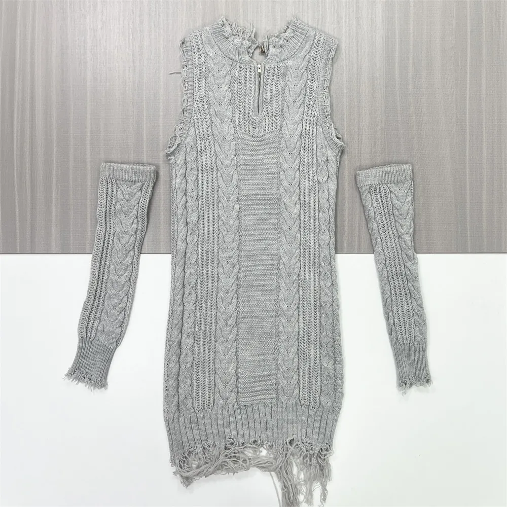 Women's Gray Cable-Knit Cold-Shoulder Fringe Mini Dress - Custom Edgy Fashion Design