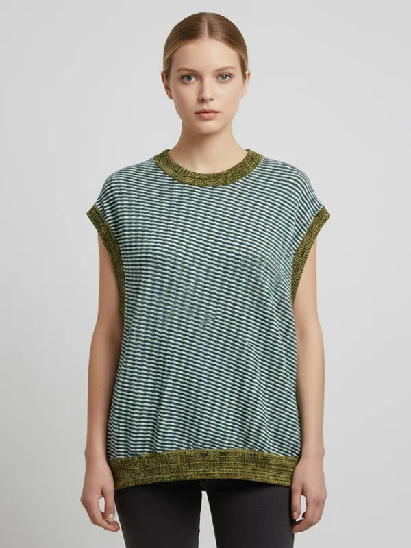 Women's Teal & Olive Wavy-Stripe Sleeveless Knit Top - Custom Contrast-Trim Design