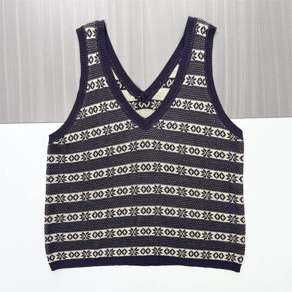 Women's Navy Fair Isle Pattern V-Neck Sleeveless Knit Top - Custom Preppy Design