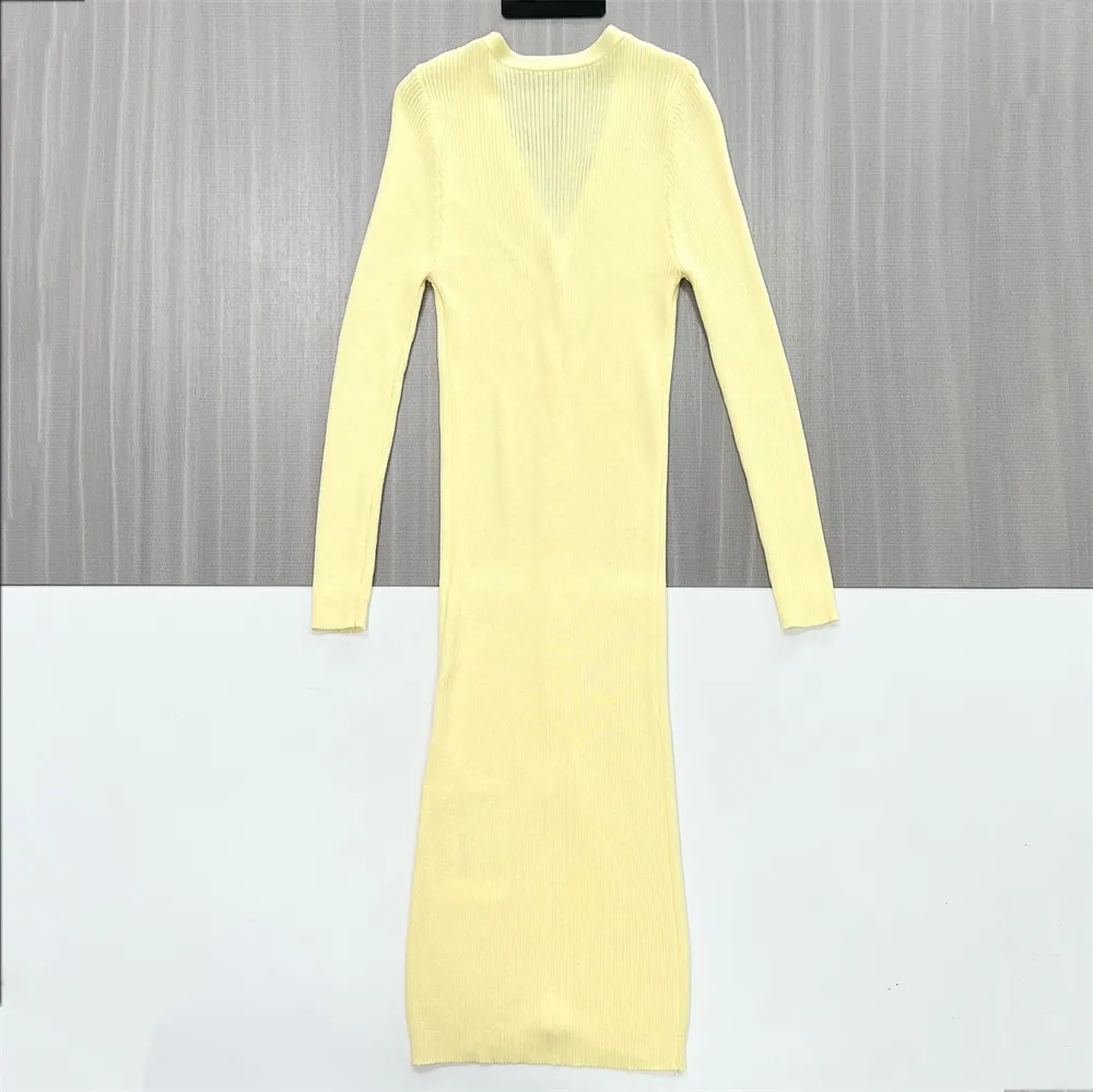 Women's Lemon Yellow Ribbed V-Neck Button-Front Midi Dress - Custom Slim-Fit Stylish Design