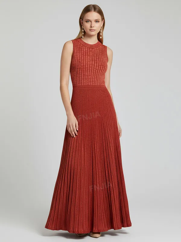 Women's Terracotta Sleeveless Ribbed Maxi Dress - Custom Elegant Flared Design