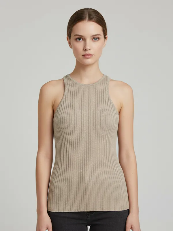 Women's Beige Ribbed Tank Top with Racerback Design - Custom Slim-Fit Knitwear