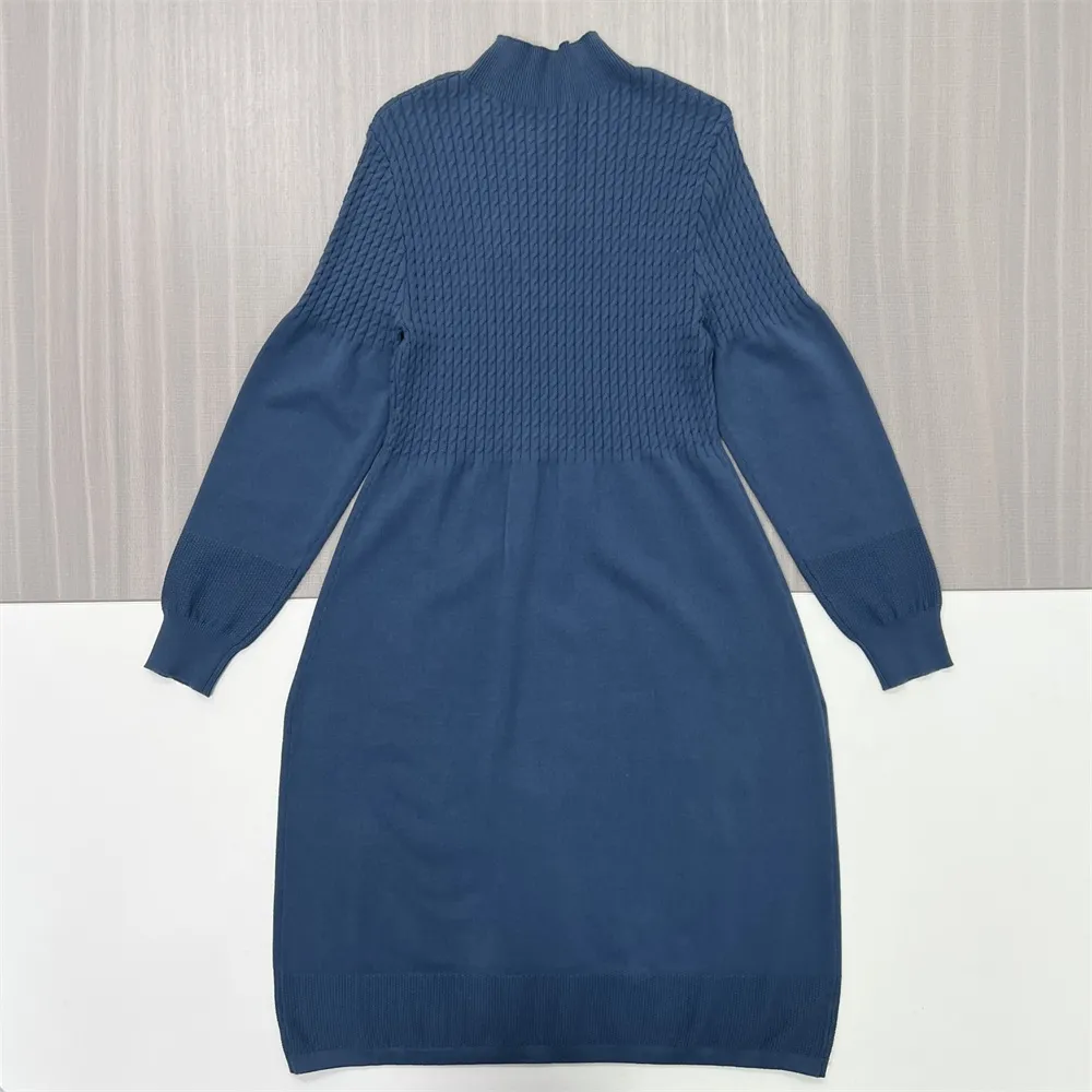 Women's Navy Cable-Knit Mock-Neck Midi Dress - Custom Elegant Textured Design