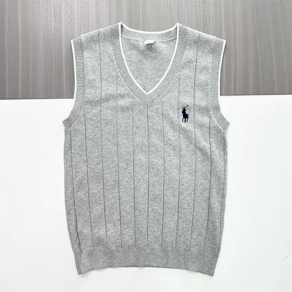 Women's Light Gray Ribbed V-Neck Knit Vest with Polo Emblem - Custom Preppy Design