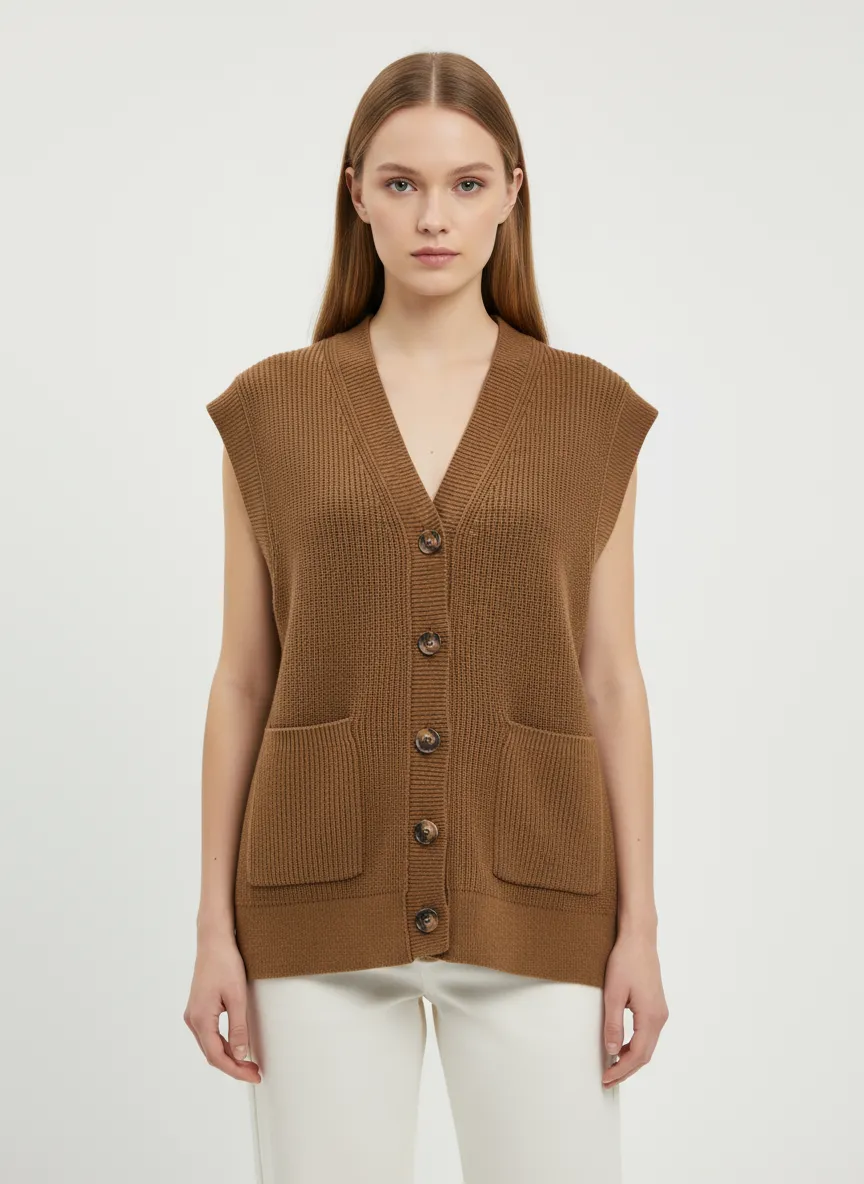 Women's Camel Ribbed V-Neck Button-Front Sleeveless Vest - Custom Refined Design