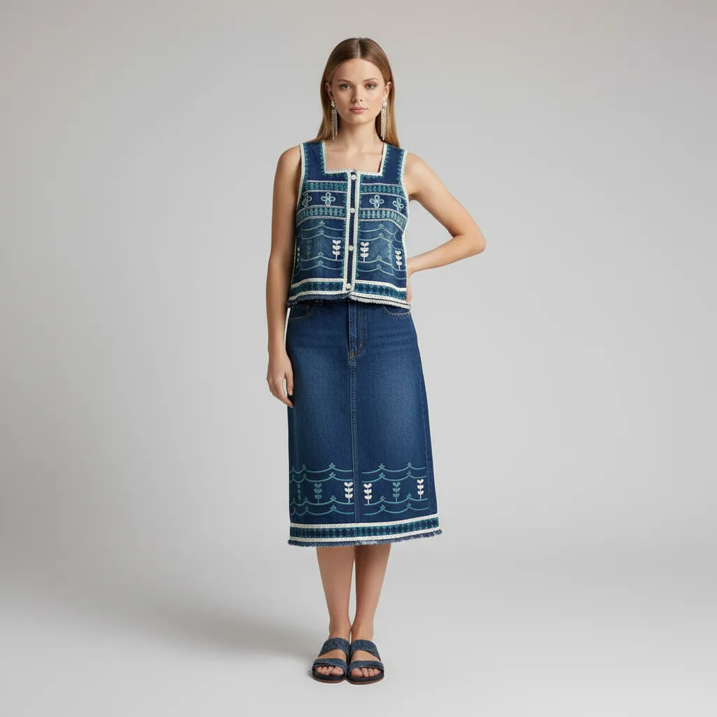 Women's Indigo Embroidered Sleeveless Vest - Custom Artisanal Folk-Style Design