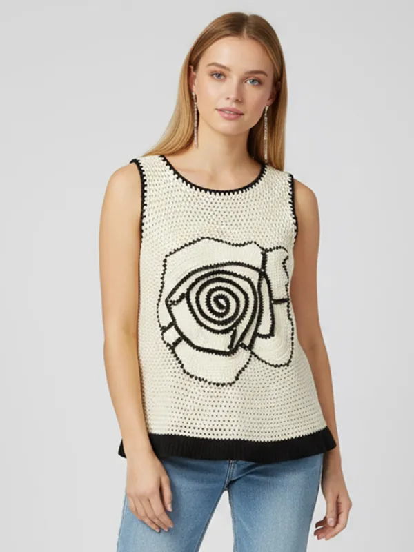 Women's Ivory Crochet Rose-Pattern Sleeveless Knit Top - Custom Artisanal Design