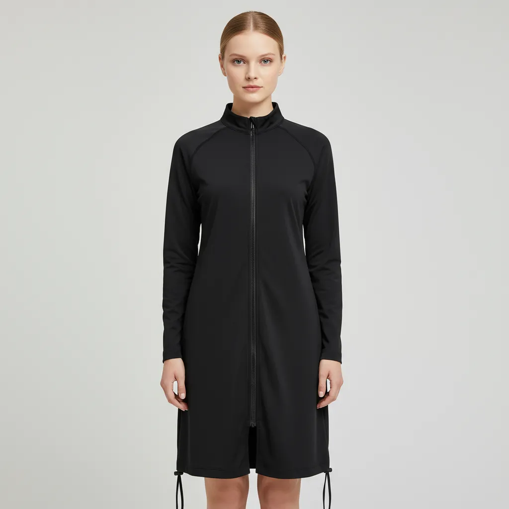 Women's Black Full-Zip Drawstring-Hem Midi Dress - Custom Modern Versatile Design
