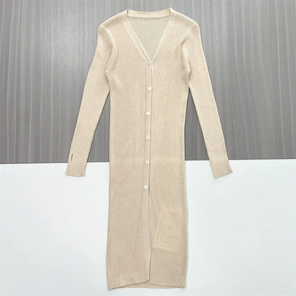 Women's Beige Ribbed V-Neck Button-Front Maxi Dress - Custom Slim-Fit Elegant Design