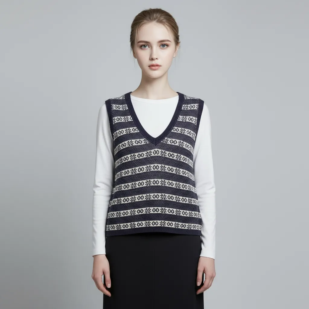 Women's Navy Fair Isle Pattern V-Neck Sleeveless Knit Top - Custom Preppy Design