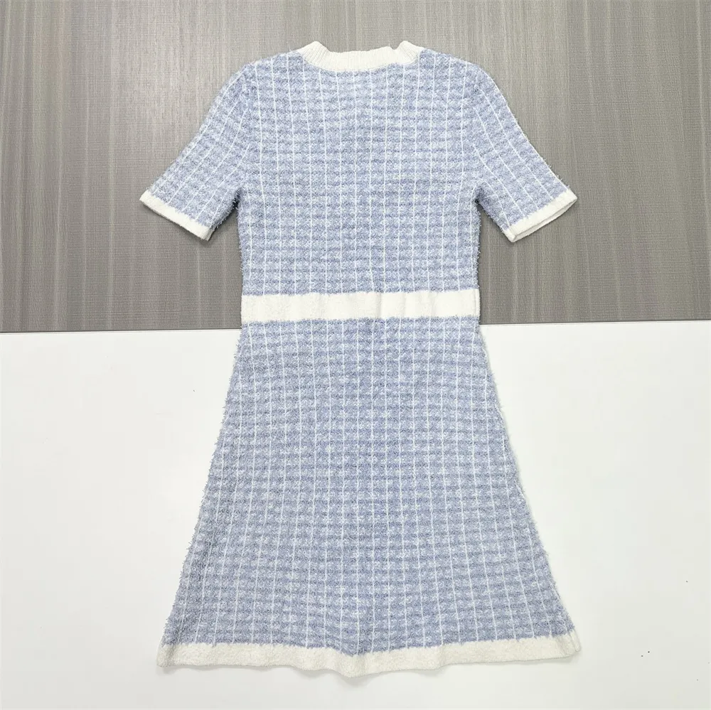 Women's Light Blue Tweed Check Button-Front Midi Dress - Custom Classic Elegant Design