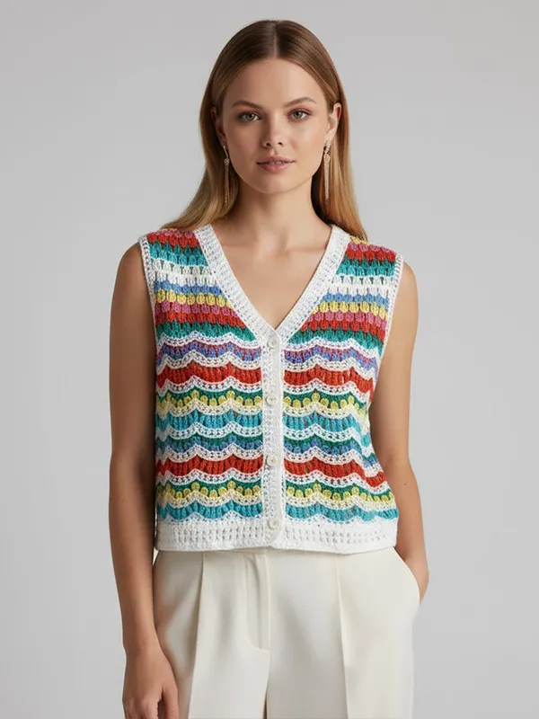 Women's Rainbow Chevron Crochet Sleeveless Vest - Custom Bohemian Openwork Design