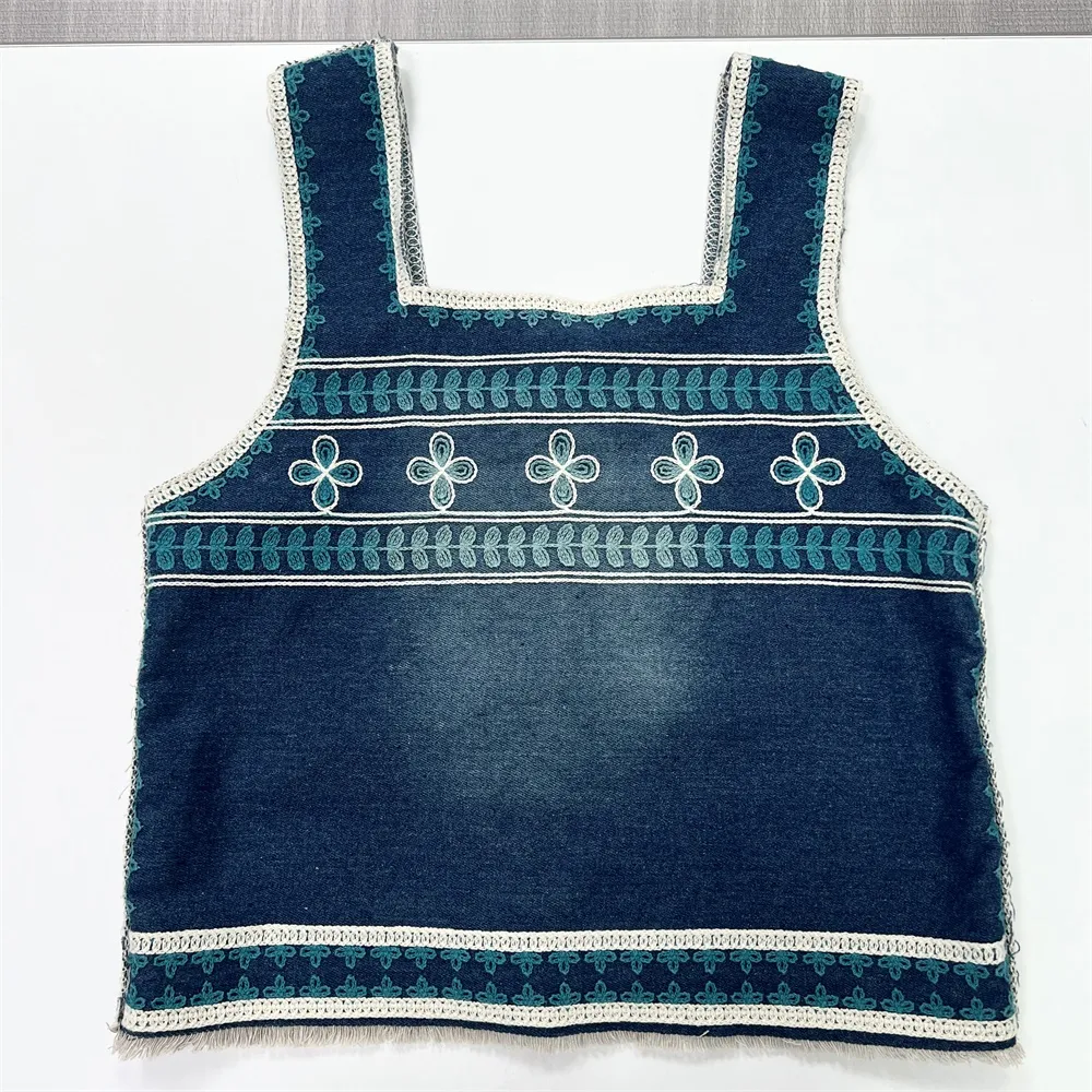 Women's Indigo Embroidered Sleeveless Vest - Custom Artisanal Folk-Style Design