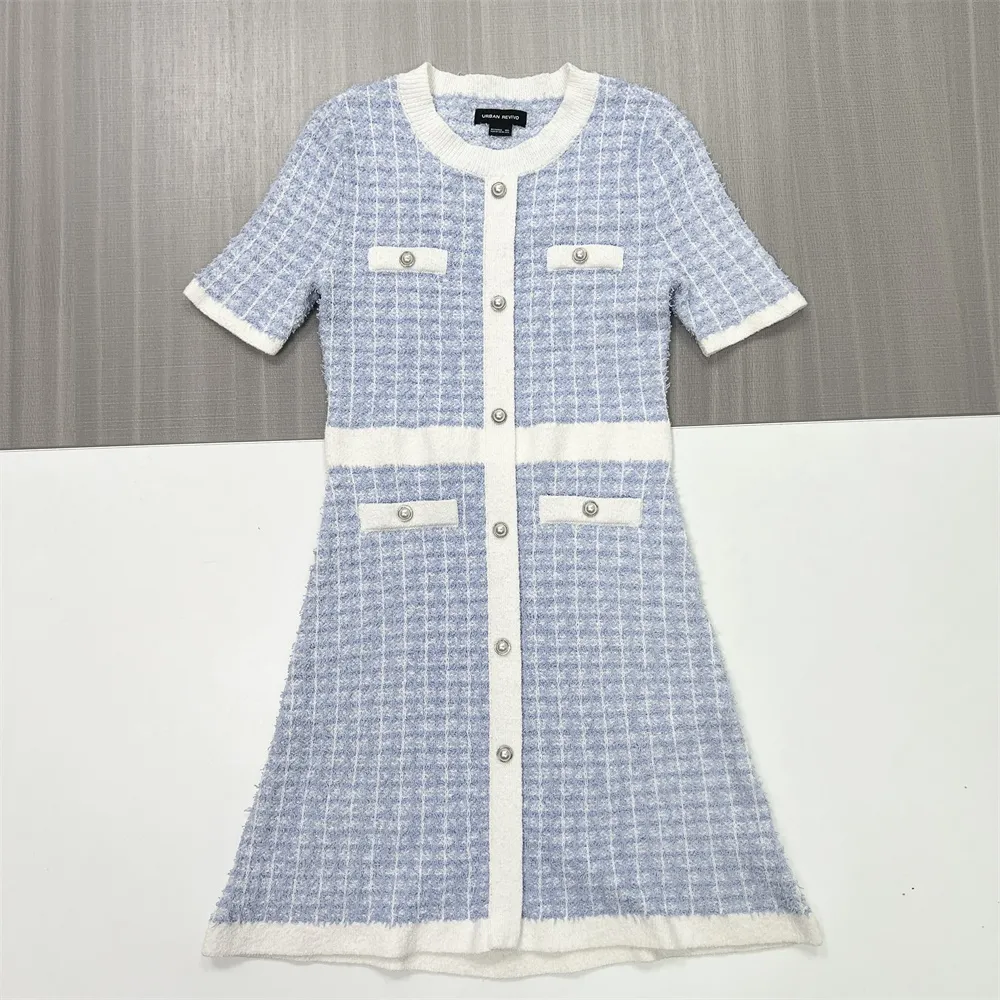 Women's Light Blue Tweed Check Button-Front Midi Dress - Custom Classic Elegant Design