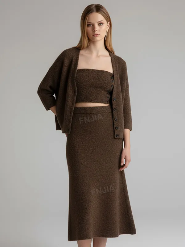 Women's Brown Fuzzy Knit Cardigan & Midi Skirt Set - Custom Cozy Co-ord Design