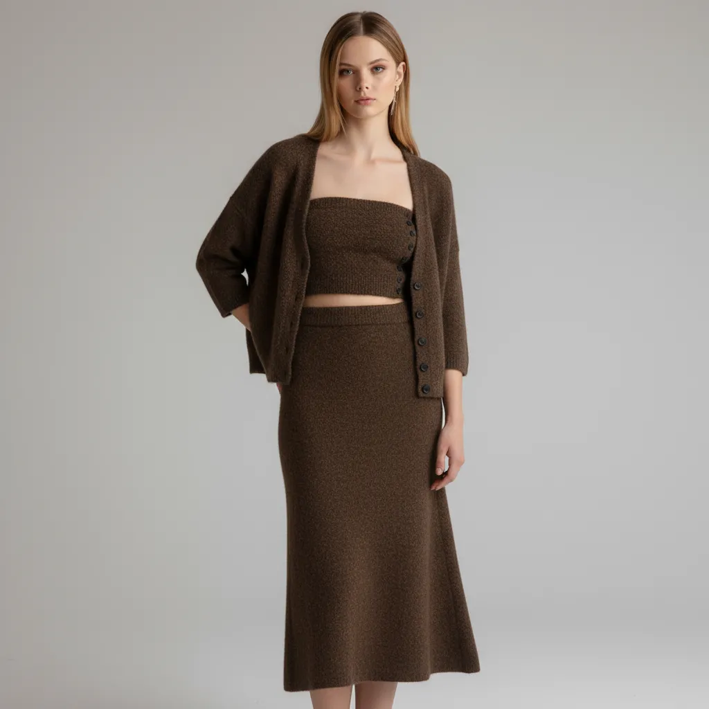 Women's Brown Fuzzy Knit Cardigan & Midi Skirt Set - Custom Cozy Co-ord Design