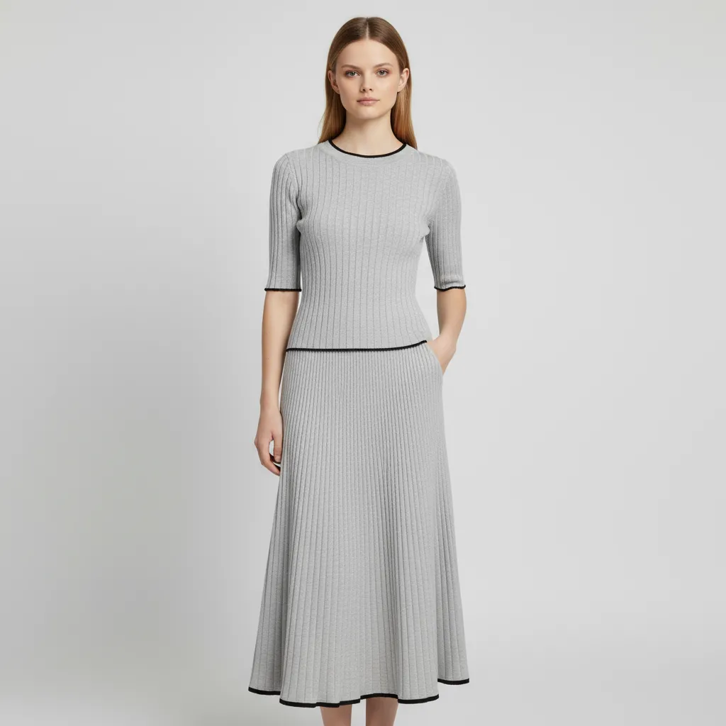 Women's Light Gray Ribbed Contrast-Trim Top & Skirt Set - Custom Modern Co-ord Design