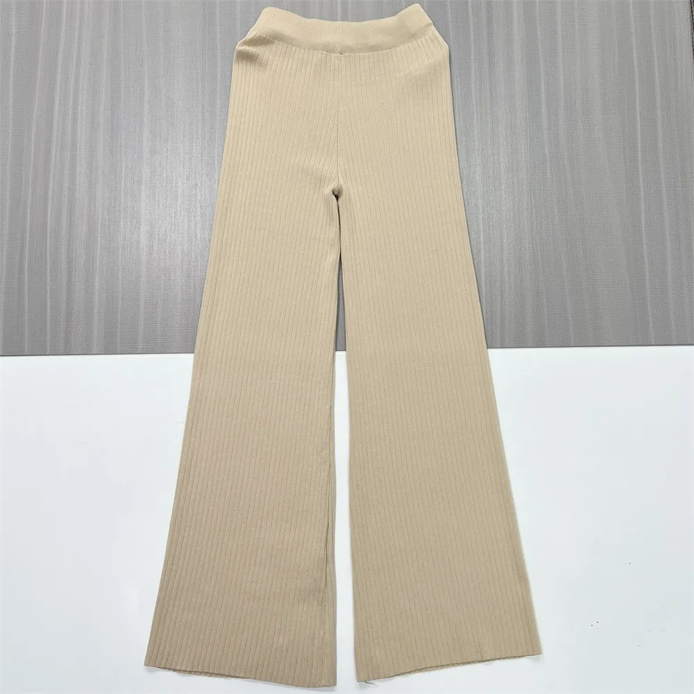 Women's Camel Ribbed Polo Top & Wide-Leg Pants Set - Custom Refined Co-ord Design