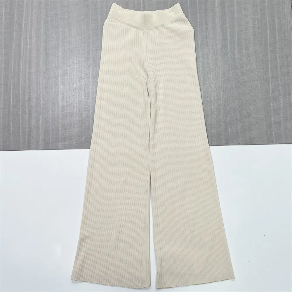 Women's Beige Ribbed Polo Top & Wide-Leg Pants Set - Custom Elegant Co-ord Design