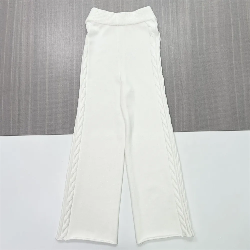 Women's White Cable-Knit V-Neck Top & Wide-Leg Pants Set - Custom Elegant Knit Co-ord Design