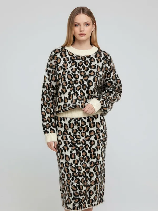 Women's Leopard Print Knit Sweater & Midi Skirt Set - Custom Trendy Co-ord Design
