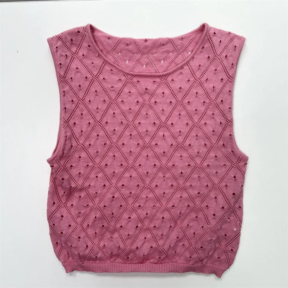 Women's Pink Openwork Knit Sleeveless Top & Midi Skirt Set - Custom Breathable Co-ord Design
