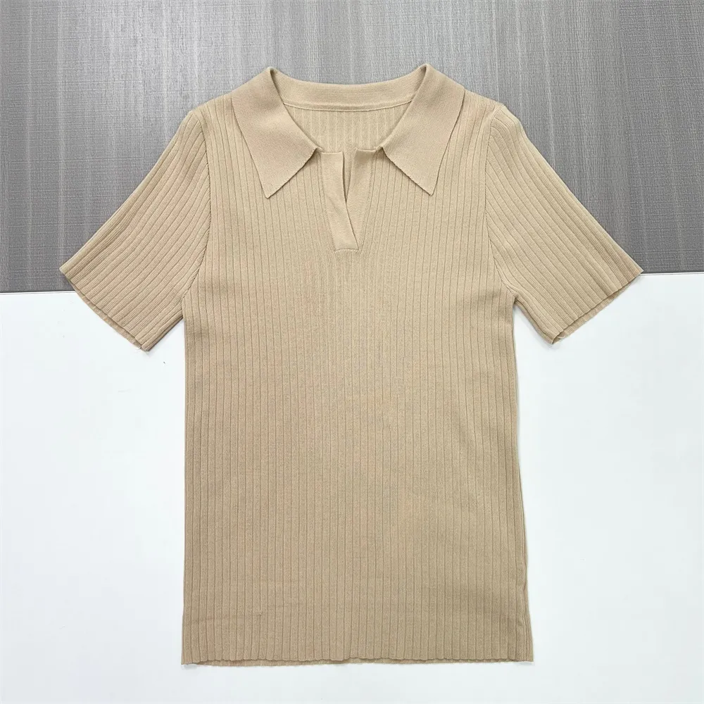 Women's Camel Ribbed Polo Top & Wide-Leg Pants Set - Custom Refined Co-ord Design