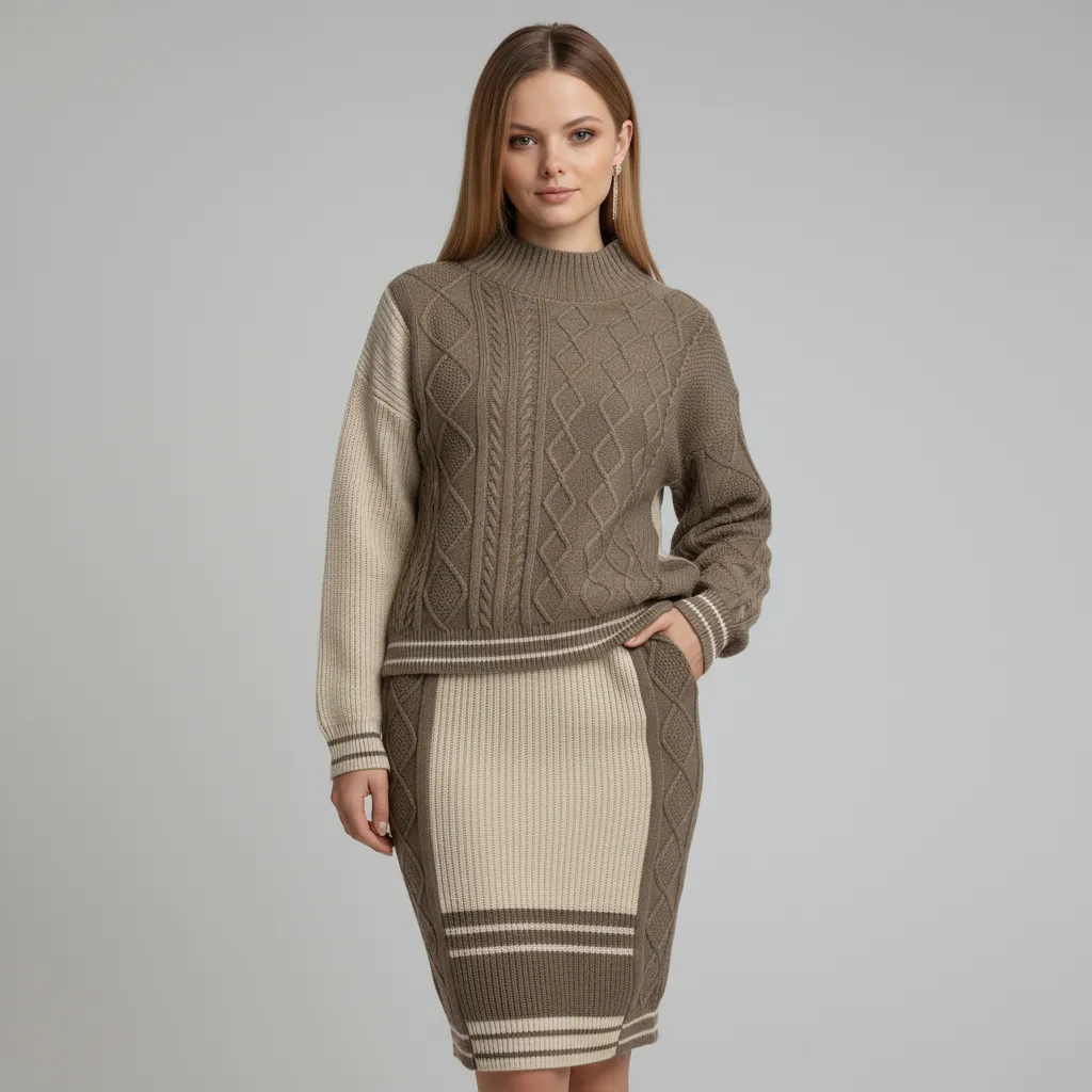 Women's Two-Tone Cable-Knit Sweater & Midi Skirt Set - Custom Textured Co-ord Design