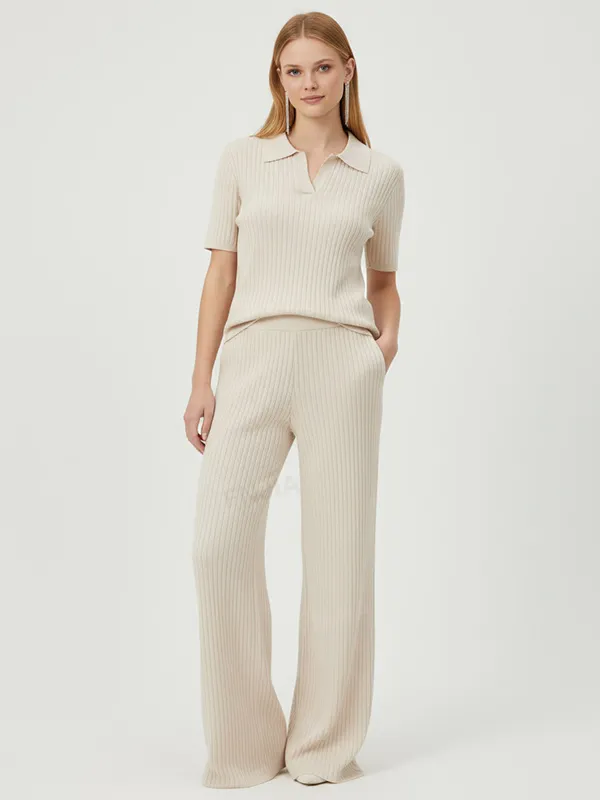 Women's Beige Ribbed Polo Top & Wide-Leg Pants Set - Custom Elegant Co-ord Design