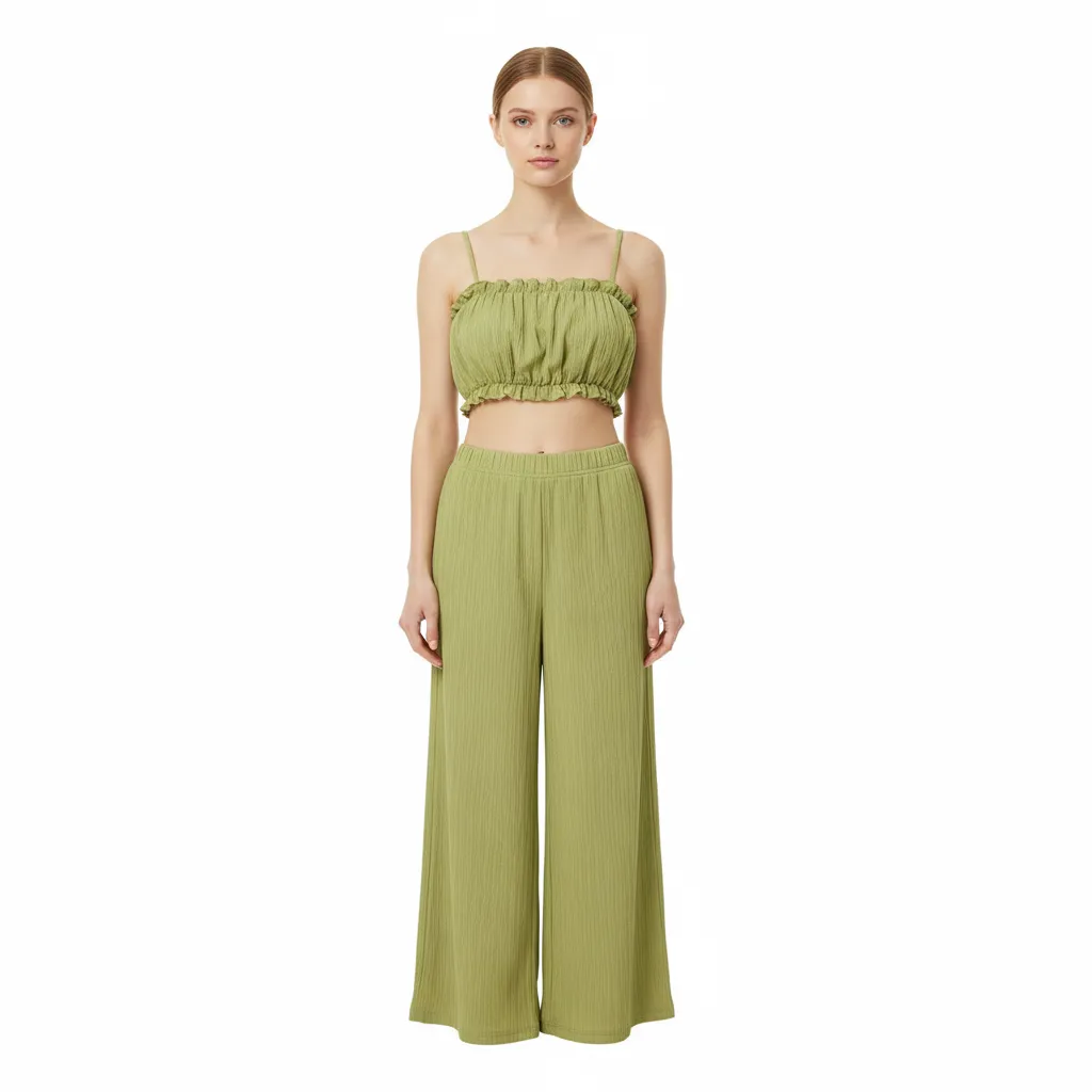 Women's Olive Green Striped Ruffled Cami & Wide-Leg Pants Set - Custom Summer Co-ord Design