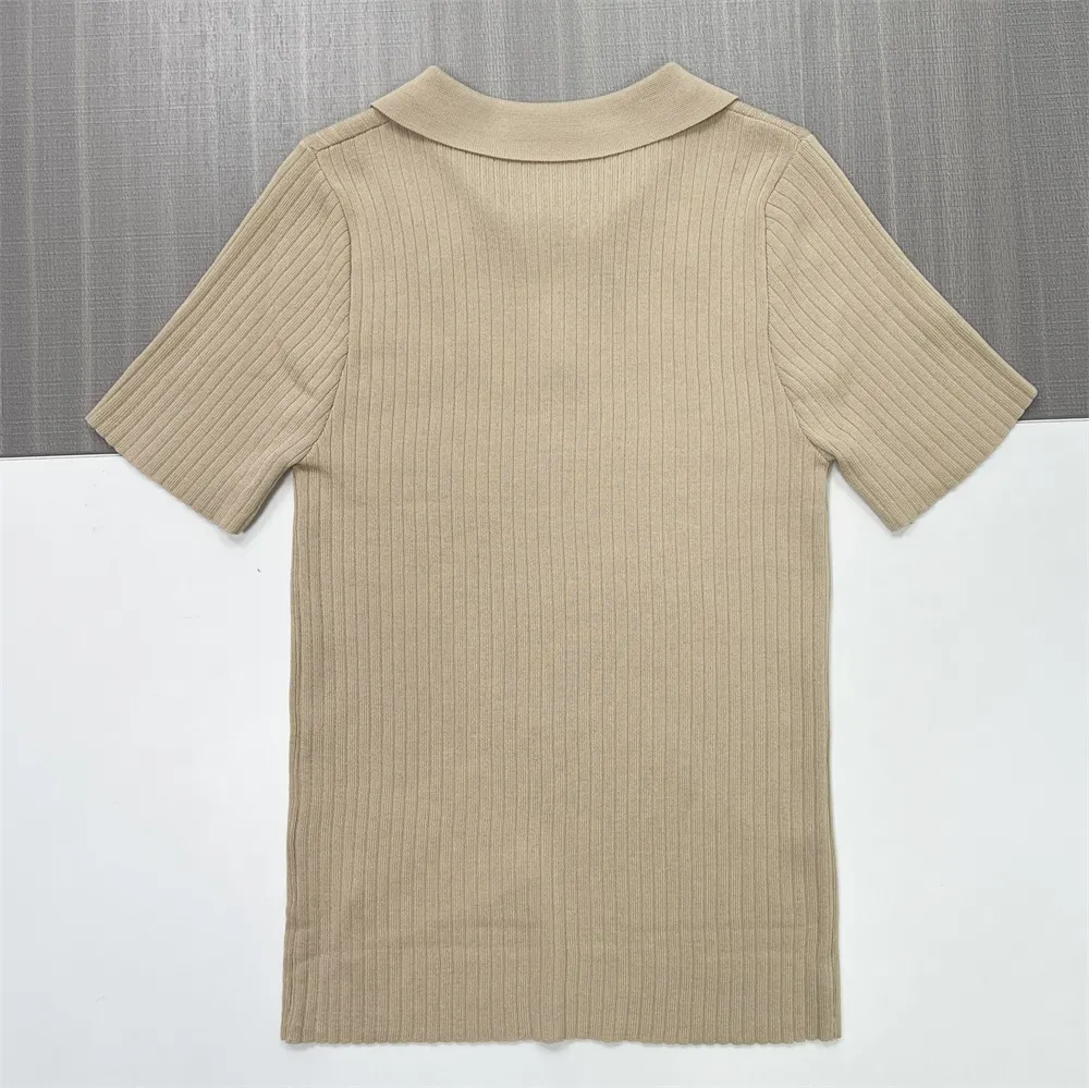 Women's Camel Ribbed Polo Top & Wide-Leg Pants Set - Custom Refined Co-ord Design
