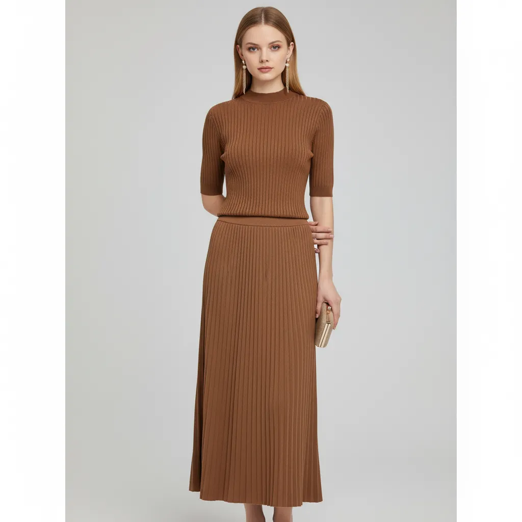 Women's Camel Ribbed Mock Neck Top & Pleated Skirt Set - Custom Elegant Co-ord Design